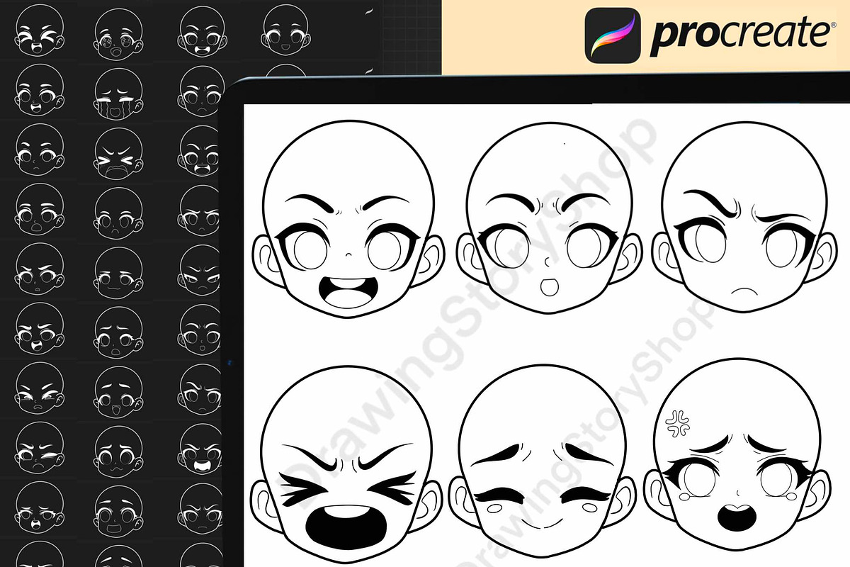 200 Procreate head chibi emote brush, a Brush Add-On by DrawingStoryShop