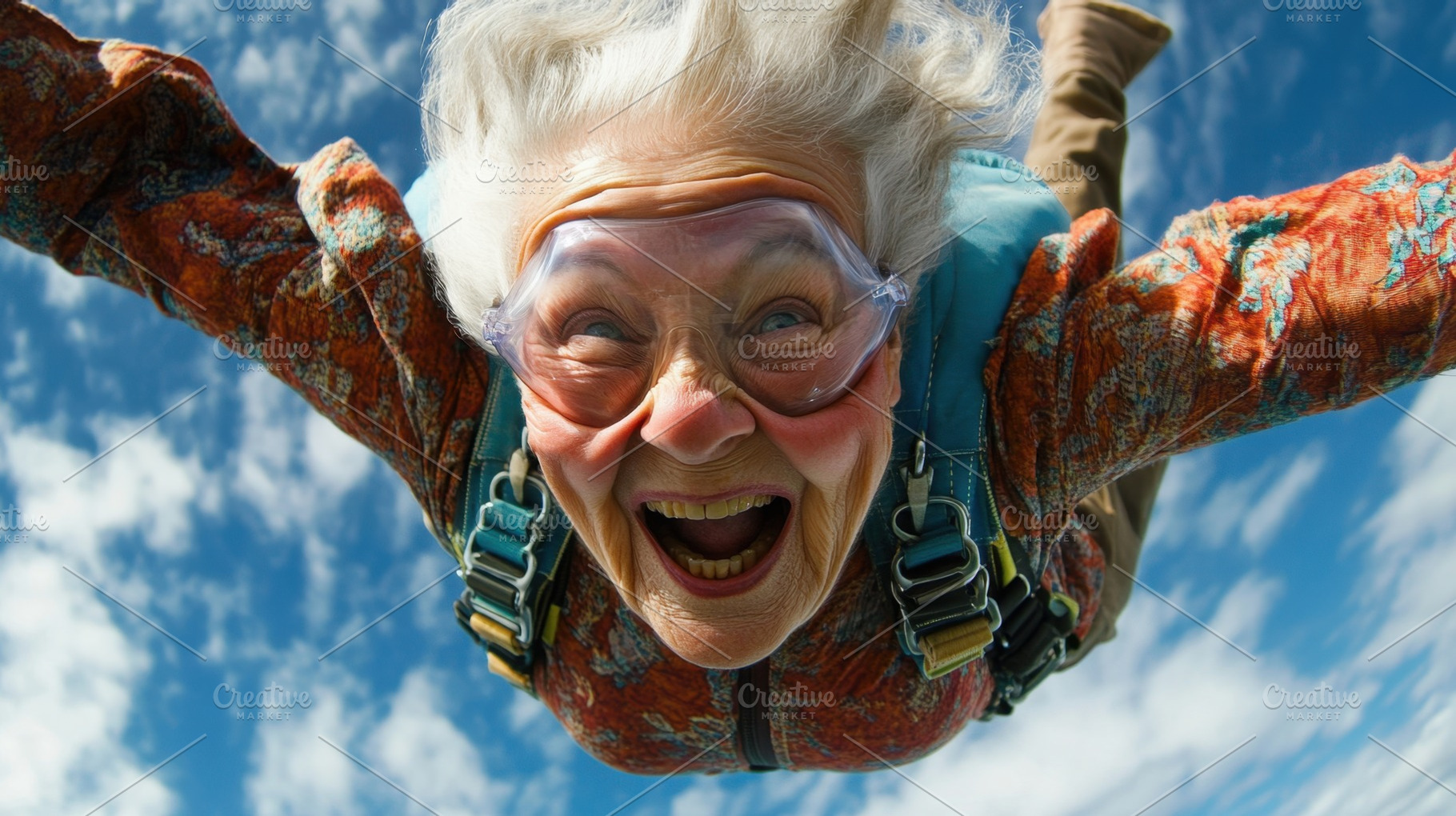 Joyful elderly woman skydiving, a Photo by Beautiful things