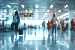 Blurred people in motion in airport terminal, a Photo by AlyaAnd