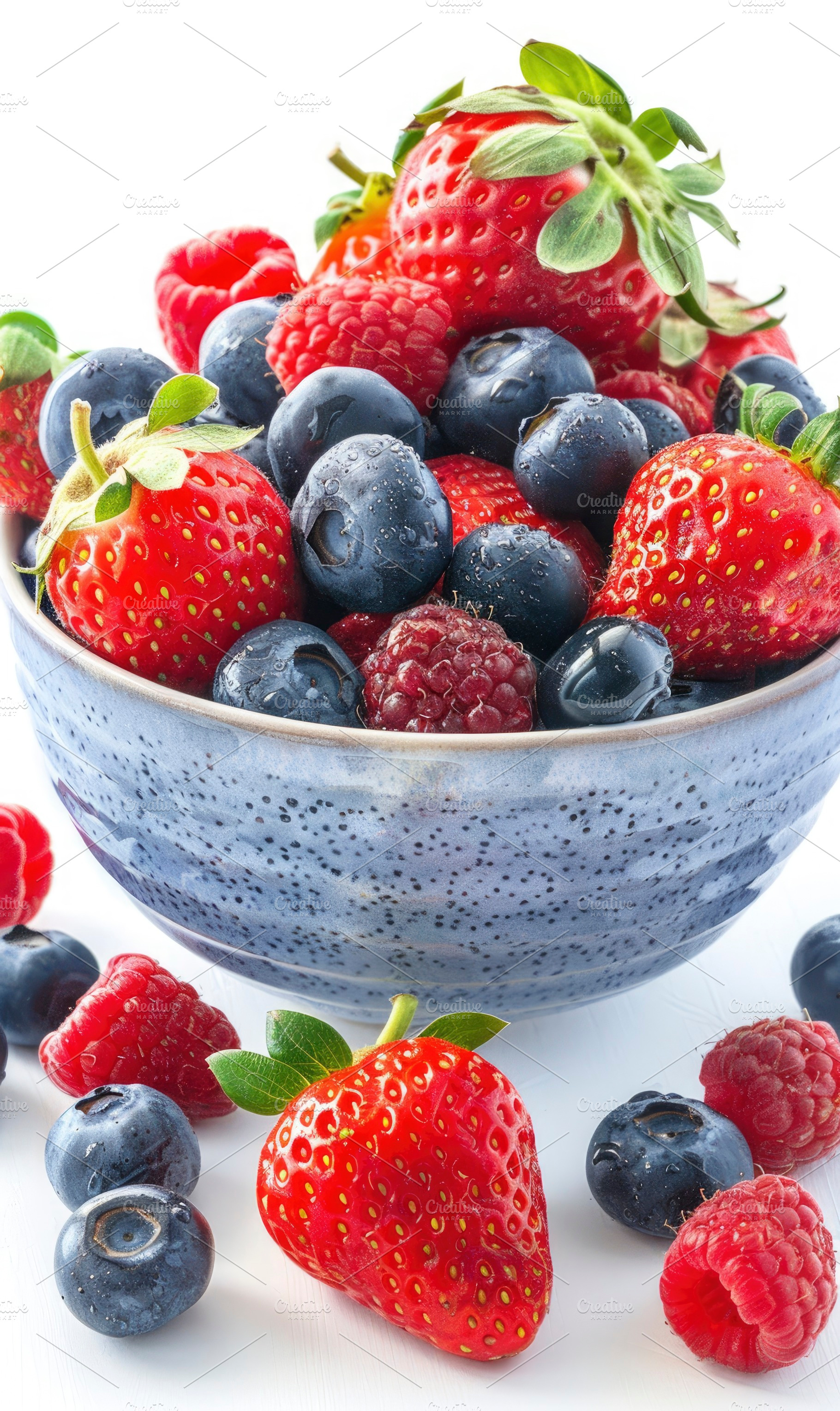 Colorful mixed berries in a speckled, a Photo by LOGOCREATIVE