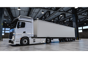 Modern truck with white trailer in