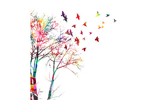 Tree silhouette and flying colored, an Animal Illustration by Nenahliadava Design