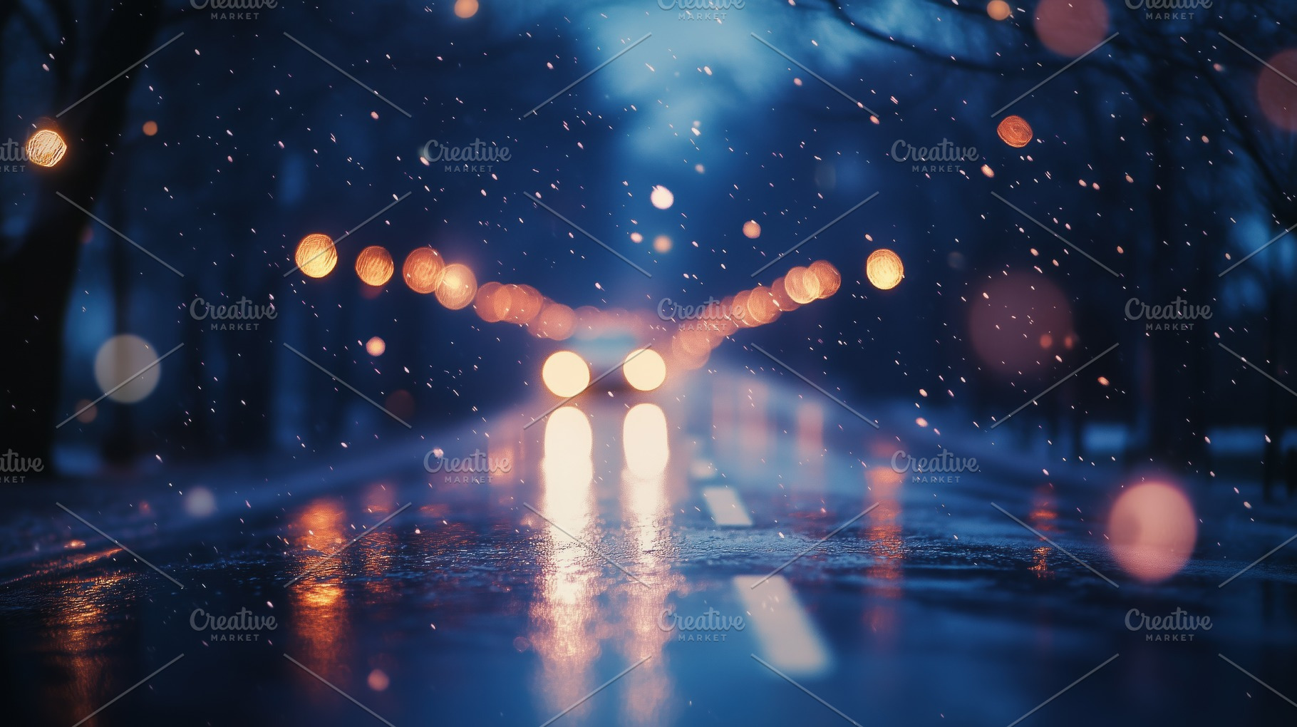 A rainy street scene at night, with blurred lights reflecting on wet pavement., an Industrial Photo by Textures & Backgrounds