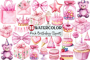 Pink Birthday Watercolor Clipart, an Illustration by Rose Art
