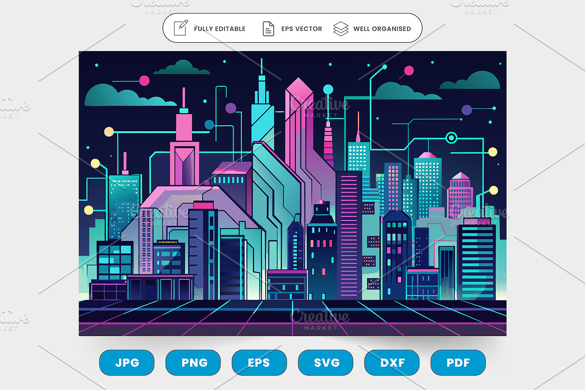 A futuristic city skyline with tower, a Graphic by SaroStock