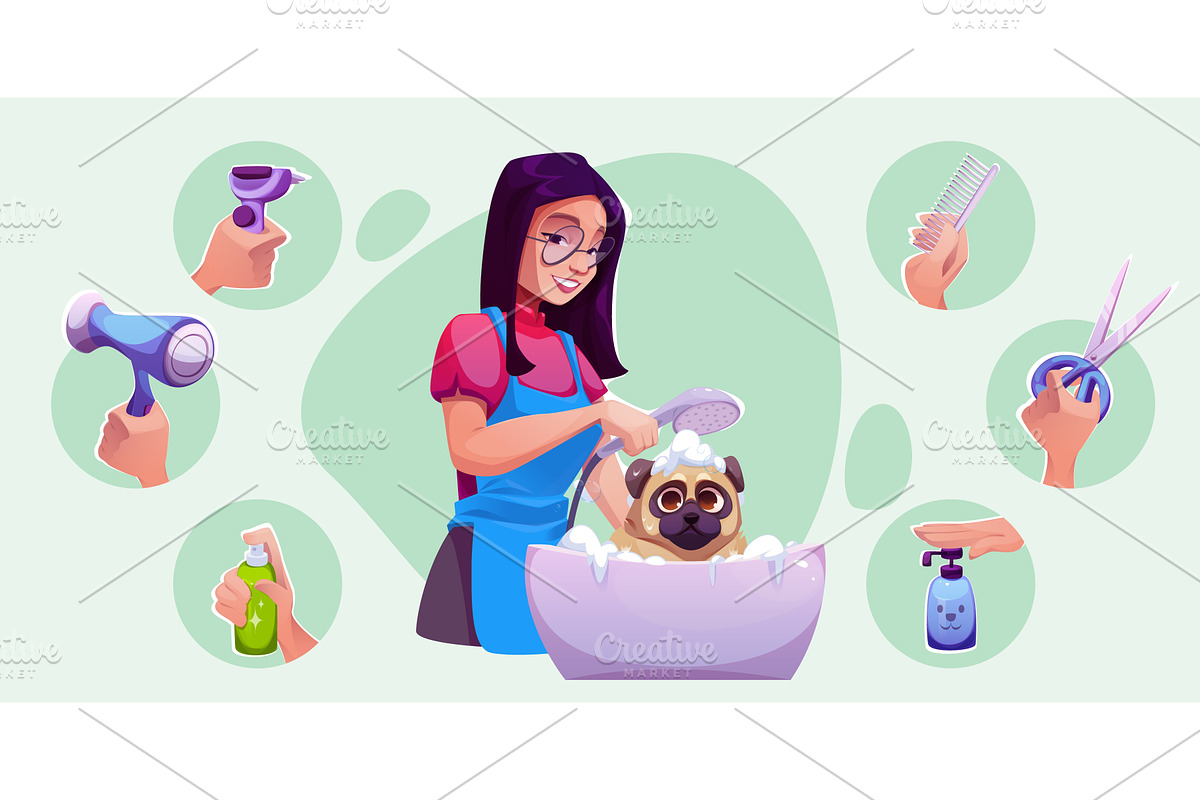 Pet grooming salon with woman, an Animal Illustration by art PVP - market