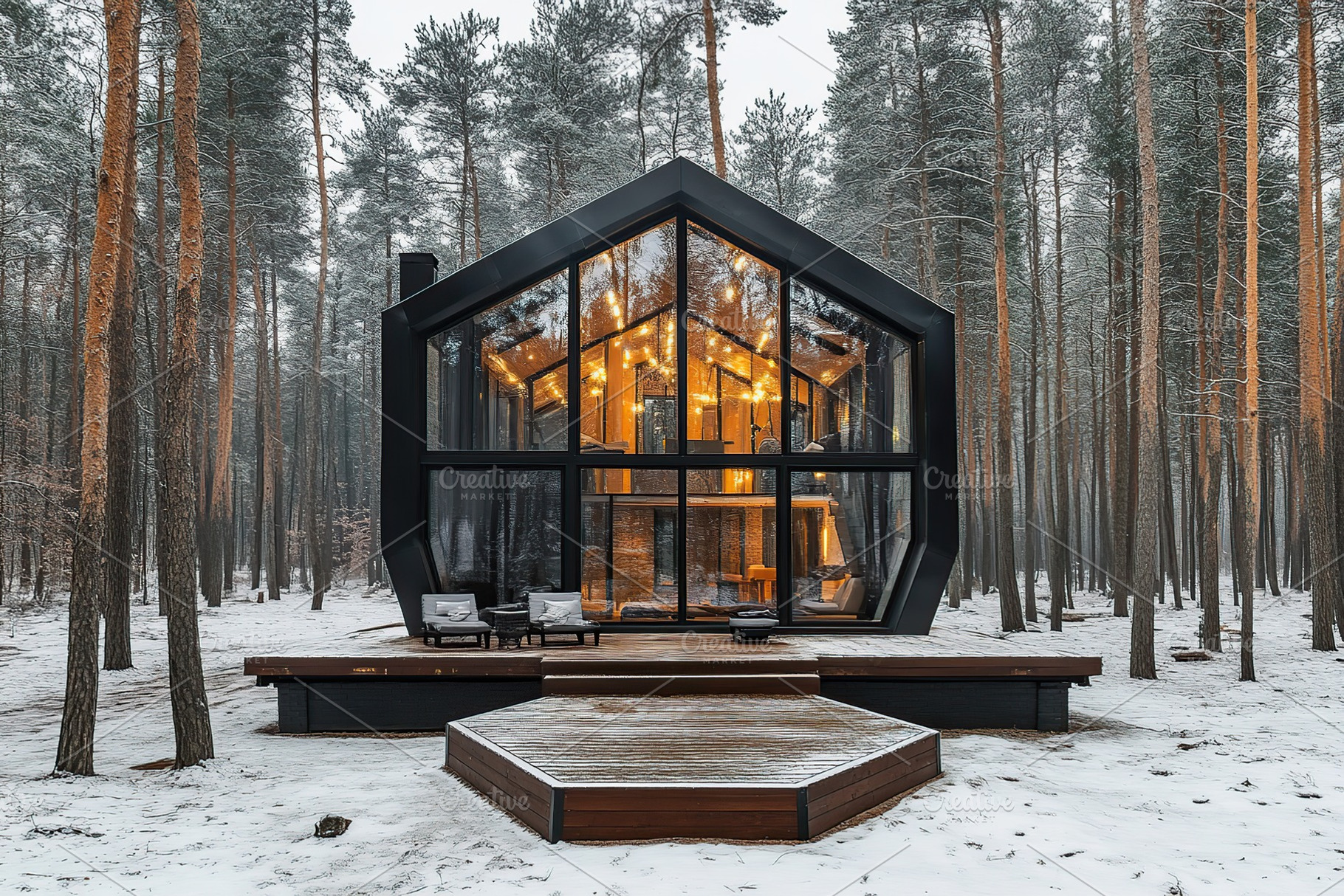 Modern house in winter pine forest, an Architecture Photo by AlyaAnd