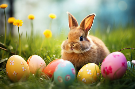 Beautiful bunny with colorful easter eggs on green grass, a Holiday Photo by AlyaAnd