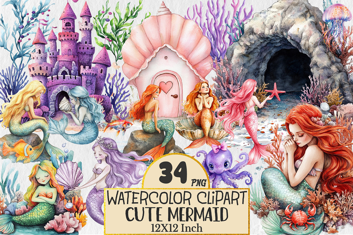 Watercolor Cute Mermaid Clipart, a Seasonal Illustration by Rose Art (Photo 1 of 4)