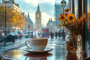 Cup of hot coffee drink at a street cafe, a Food & Drink Photo by AlyaAnd