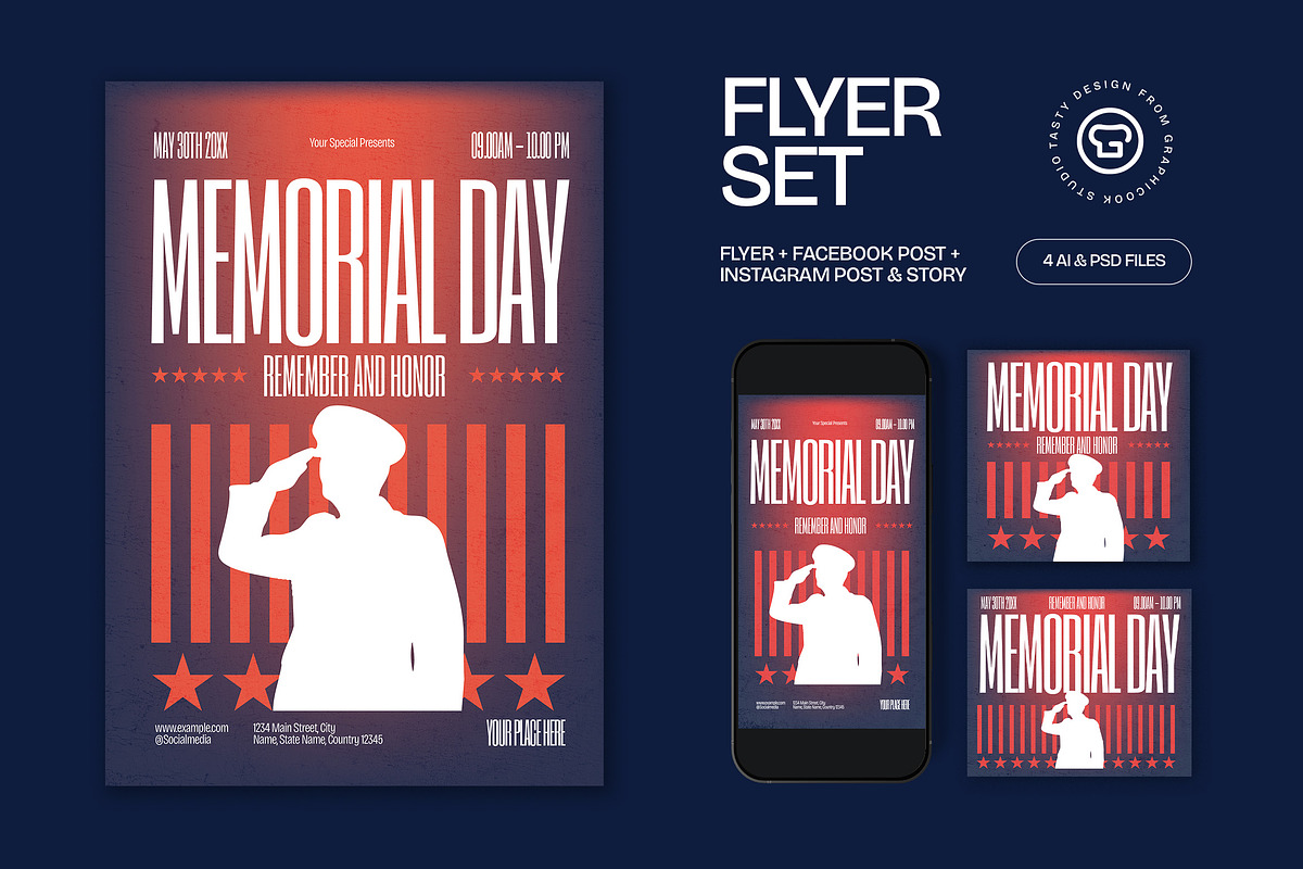 Blue Red Bold Memorial Day Flyer Set, a Flyer Template by graphicook (Photo 1 of 3)