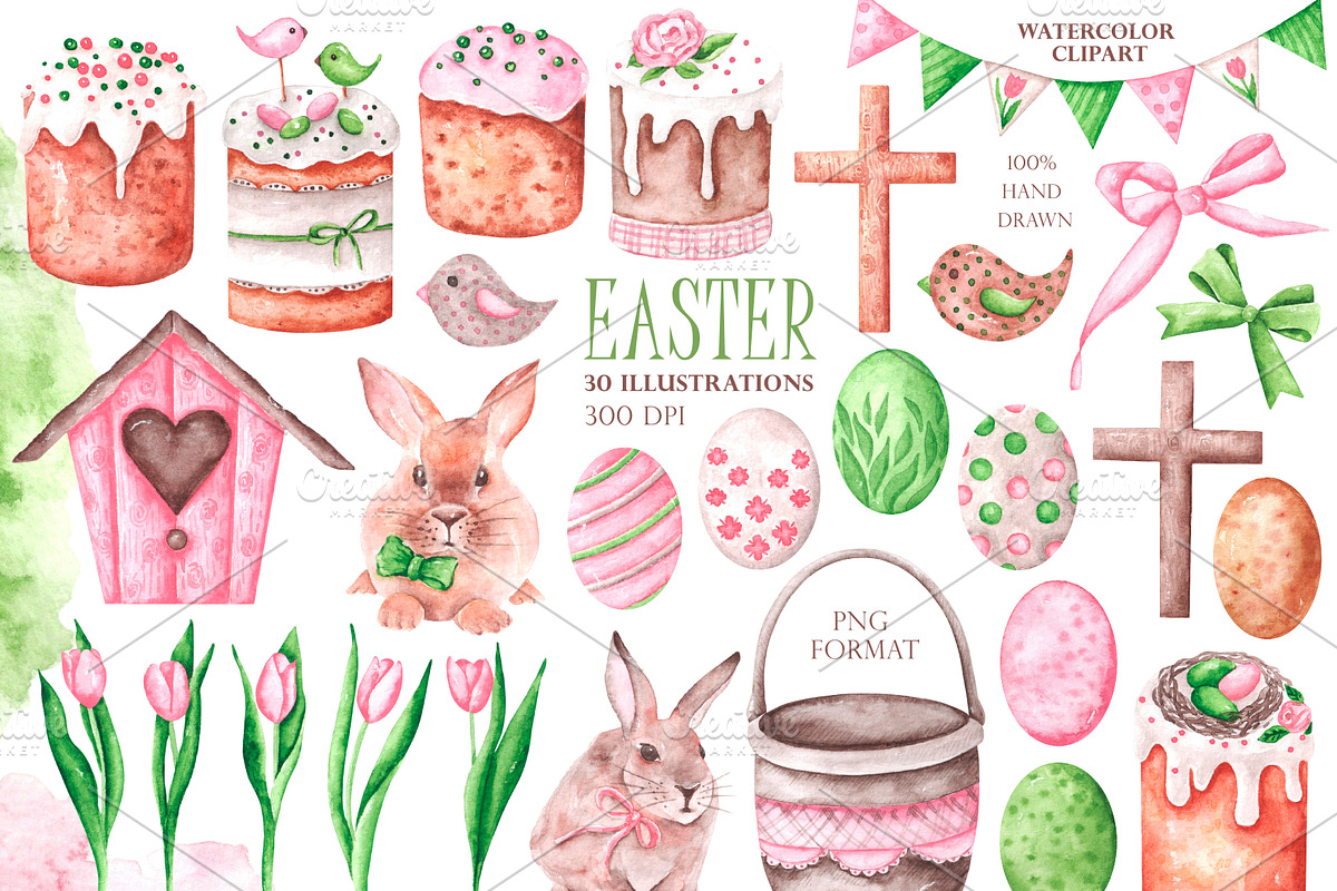 Easter watercolor set. Happy Easter!, an Illustration by SabinaWatercolorArt (Photo 2 of 16)