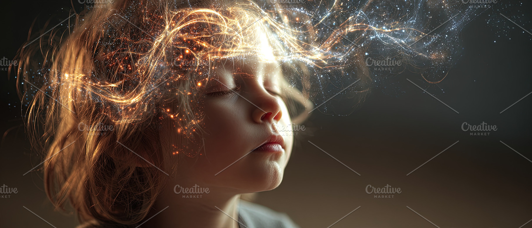 Close-up of a child with eyes closed, glowing abstract lights sw, an Abstract Photo by Ales Munt