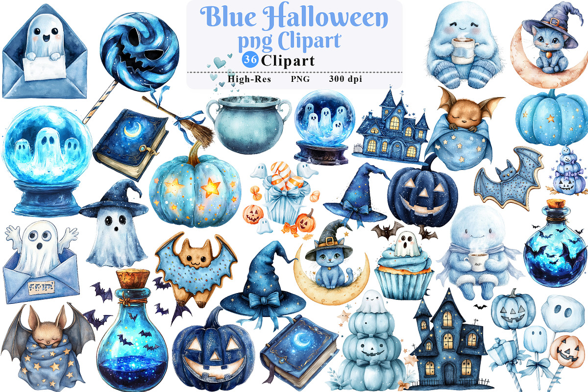 Blue Halloween Clipart, an Illustration by Watercolor design (Photo 1 of 5)