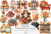 Watercolor Fall Plaid Bookworm clipa, an Illustration by Design Market (Thumbnail 1 of 4)