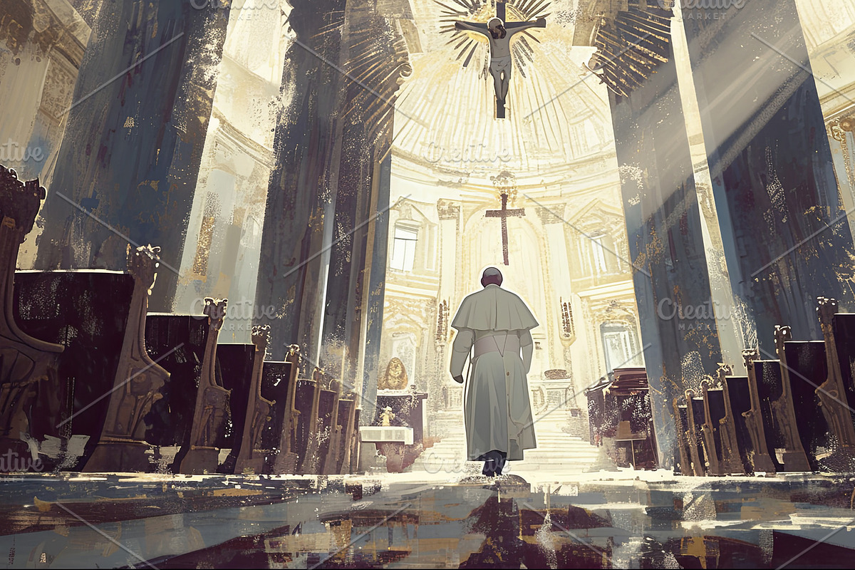 Clergy walking through a grand church with sunlight illuminating interior, an Illustration by AS photostudio