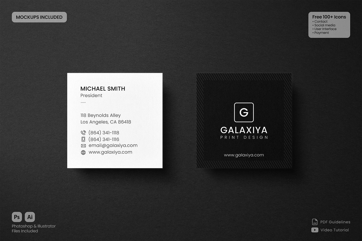 Square Business Card and Mockups, a Business Card Template by Galaxiya (Photo 2 of 5)