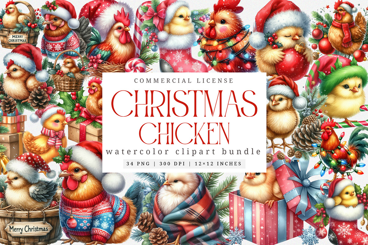 Christmas Chicken Watercolor Clipart, an Illustration by SinaCreation (Photo 1 of 7)