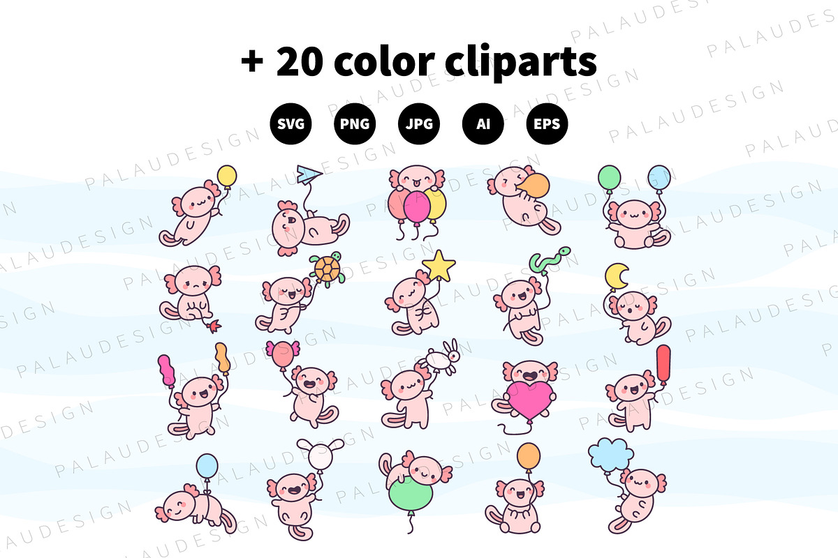 Kawaii Axolotl with Balloons, an Animal Illustration by Palau (Photo 10 of 12)