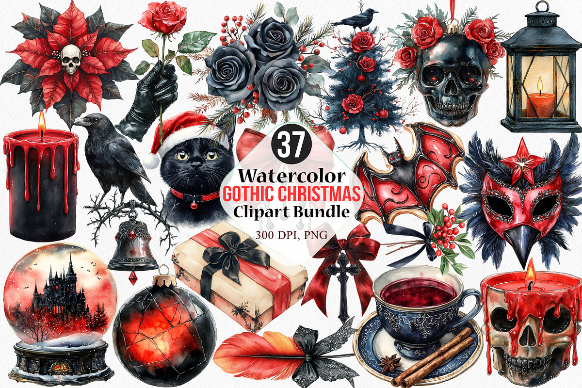Watercolor Gothic Christmas Clipart, an Illustration by Canvas Craft (Photo 1 of 7)