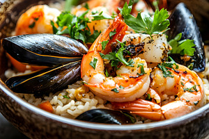 Seafood risotto with shrimp mussels and parsley, a Food & Drink Photo by Photostock