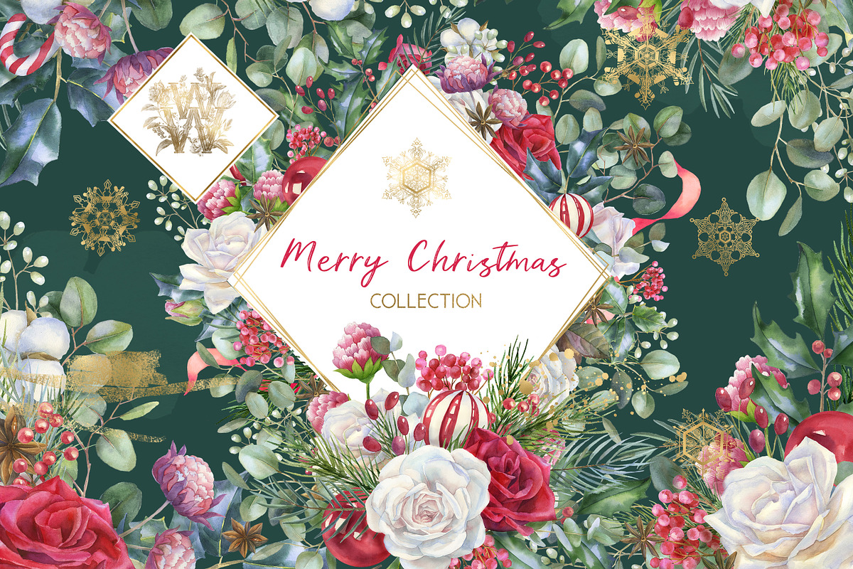 Watercolor floral Christmas pack, a Decorative Illustration by WonderWonder (Photo 1 of 20)