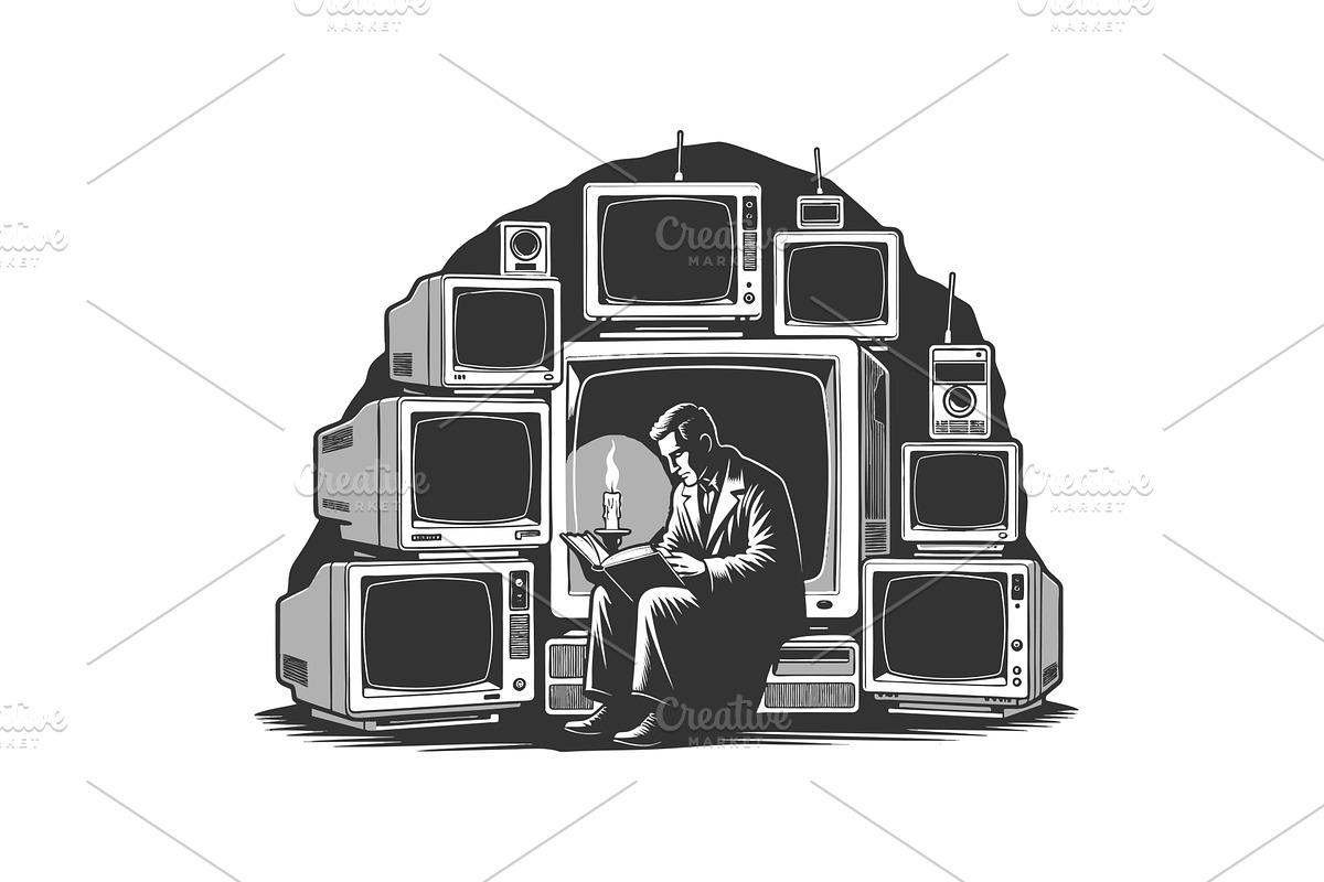 Man reading by candlelight, a Technology Illustration by AlexArt