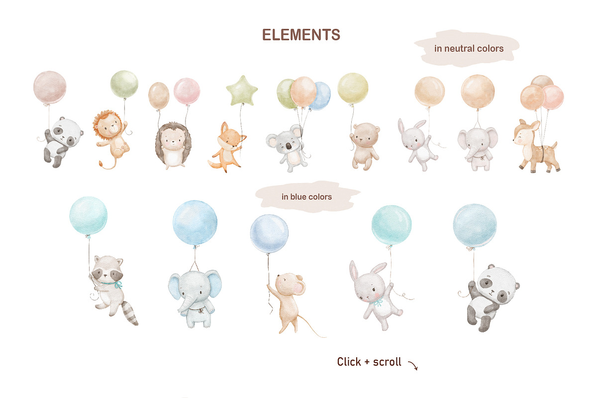 Cute watercolor animals with balloon, an Animal Illustration by ElenaPlatovaArt (Photo 3 of 11)