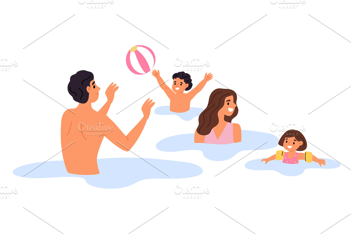 Happy family swims in sea. Father, a Person Illustration by Vectorbuum