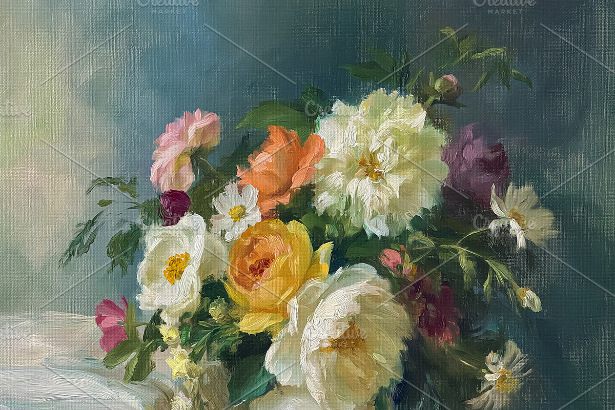 Fine art oil painting of colorful flowers forming a beautiful bo, an Illustration by Studio ANNA