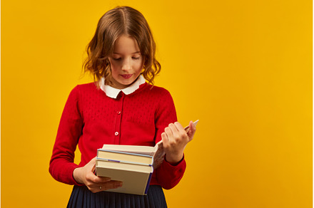 Portrait of happy schoolgirl reading, a School & Education Photo by IlliaBondarPhotography
