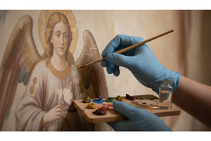 Restorer wearing blue gloves uses, an Arts & Entertainment Photo by Igor Tichonow