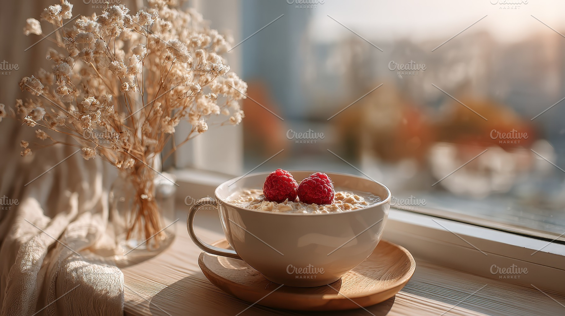 Oatmeal breakfast with raspberries b, a Photo by Pixeness Studio