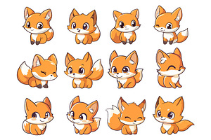 Foxes cartoon kawaii set. Tiny fox, an Animal Illustration by Valerie Bodnar