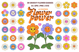 Groovy flowers with cartoon face, a Decorative Illustration by Lettering_Logo