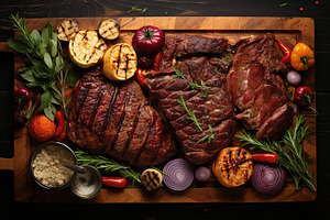 BBQ marinated meat with vegetables on wooden board, a Food & Drink Photo by AlyaAnd