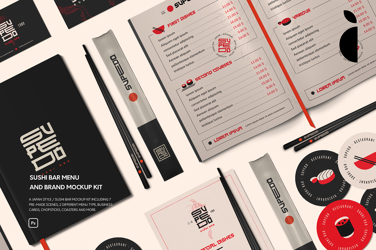 Sushi Bar Menu and Branding Mockup, a Books & Magazine Mockup by Catkie - Digital Art (Photo 1 of 14)