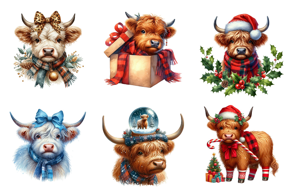 Cute Christmas Highland Cow Clipart, an Illustration by SinaCreation (Photo 4 of 7)