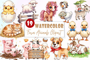 Farm Animals Watercolor Clipart, an Illustration by Watercolor design
