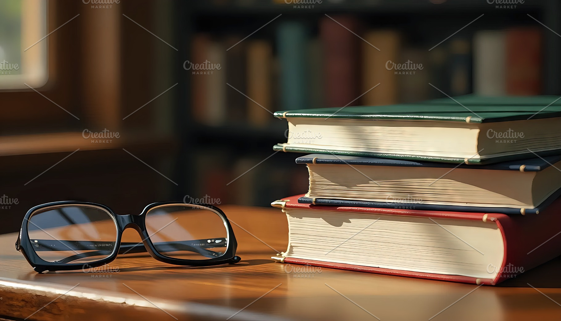 Books And Glasses On Wooden Study De, a Photo by LOGOCREATIVE