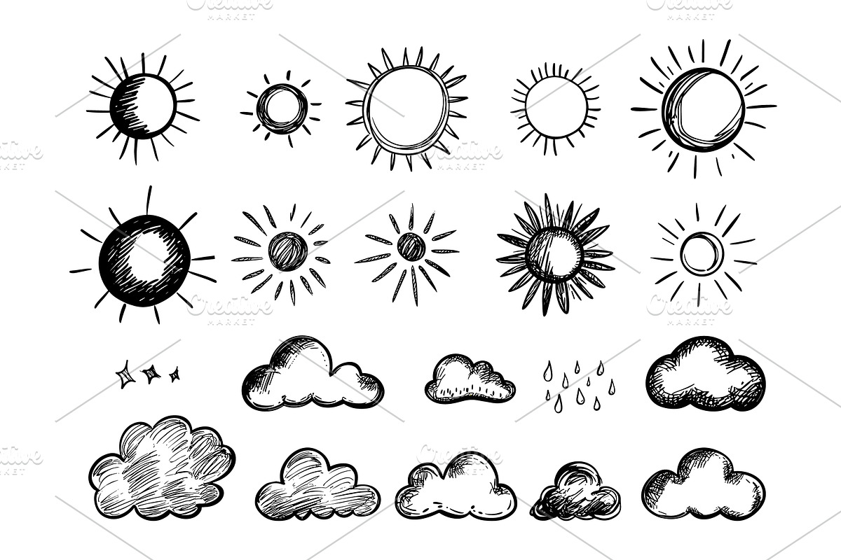 Doodle sun and clouds weather icons, an Object Illustration by Valerie Bodnar