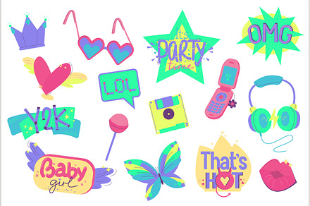 Y2K colorful stickers set. Editable