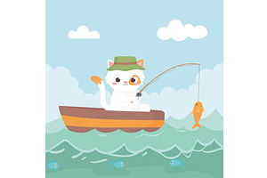 little cat fishing, an Animal Illustration by studiogstock