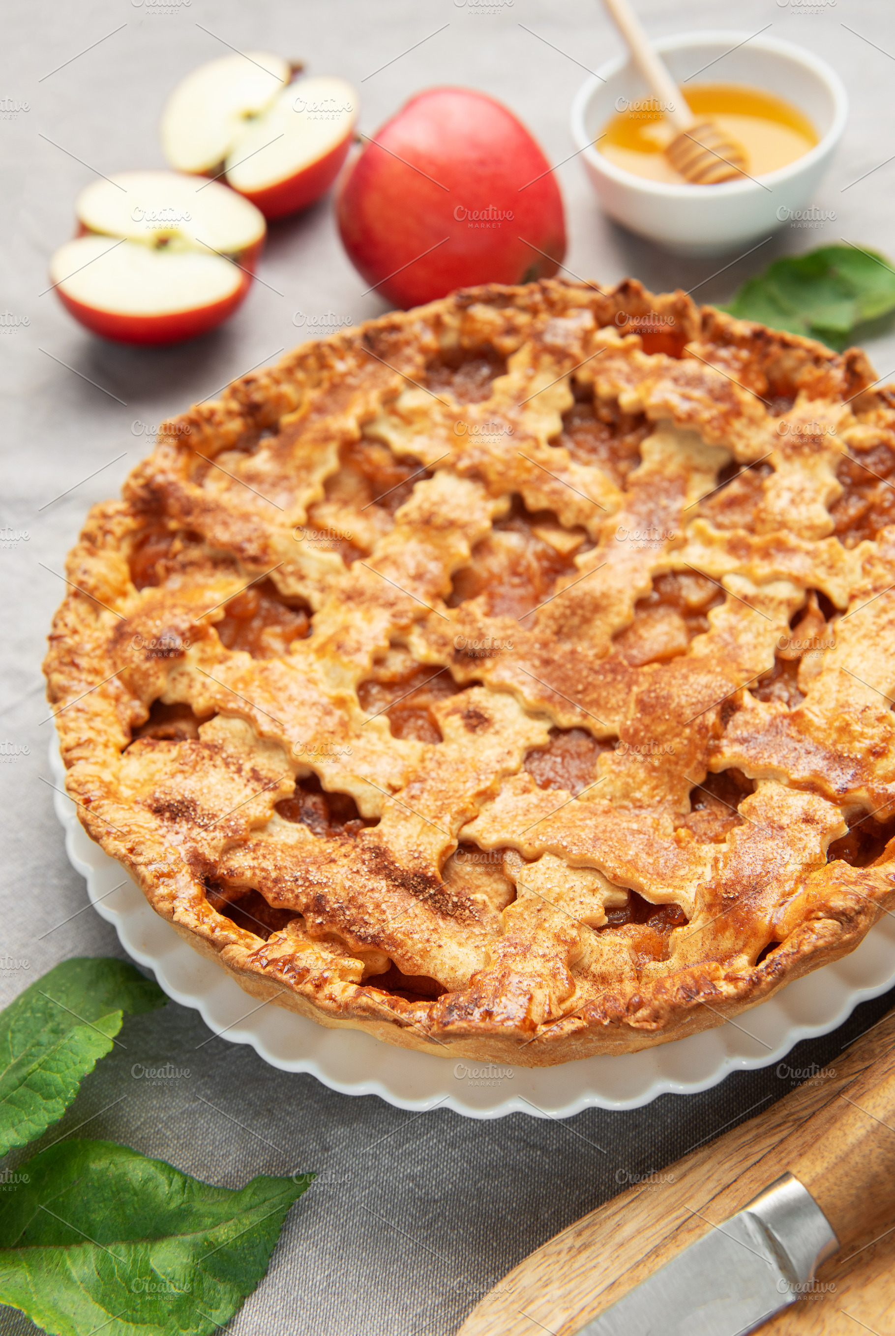 Delicious homemade apple pie with honey and coffee enjoyed durin, a Food & Drink Photo by Olena Rudo
