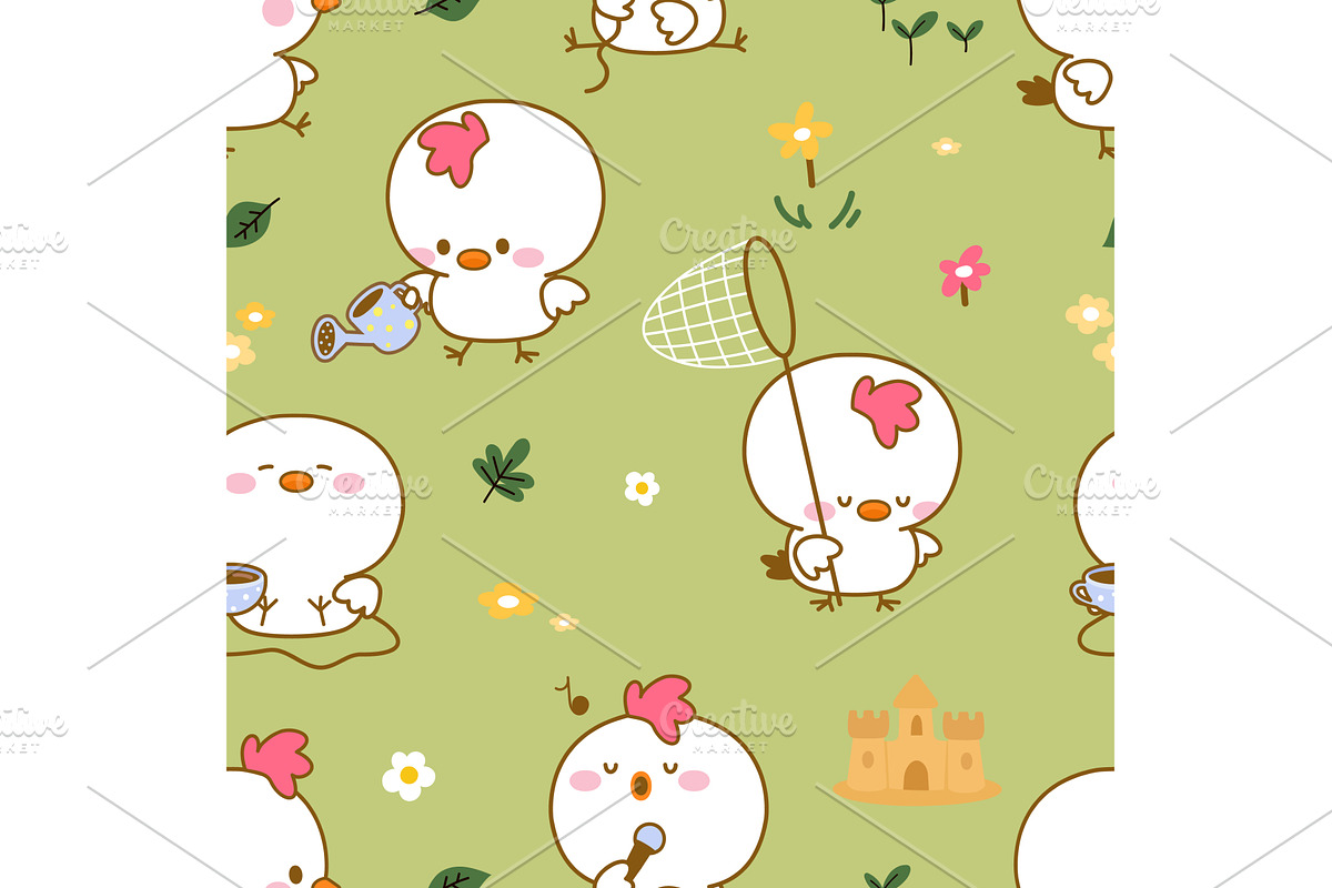 Cute chicken seamless pattern. White, an Animal Illustration by Valerie Bodnar