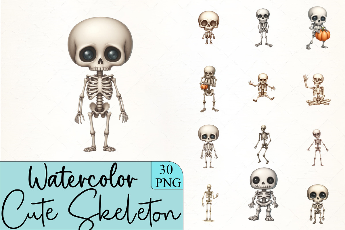 Cute Skeleton Clipart, an Illustration by CrexoraLab (Photo 1 of 5)