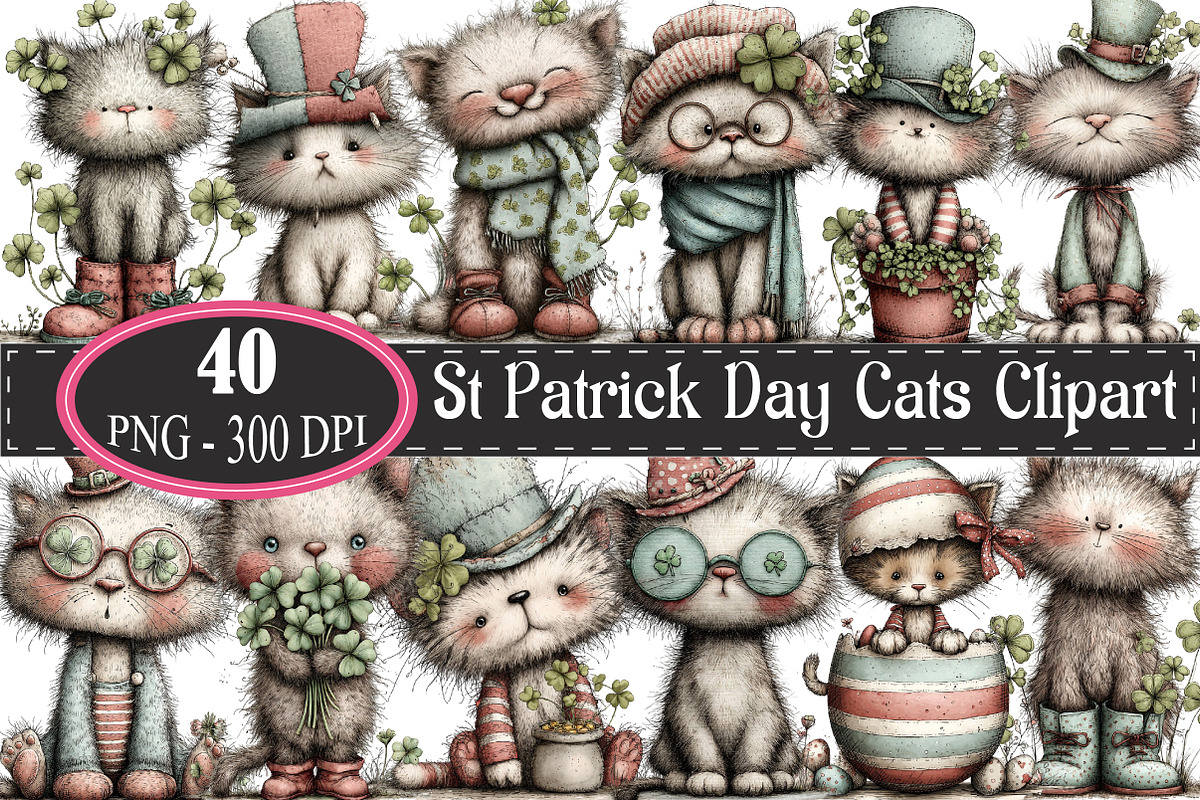 St Patrick Day Cats Clipart, an Illustration by designcity5 (Photo 1 of 5)