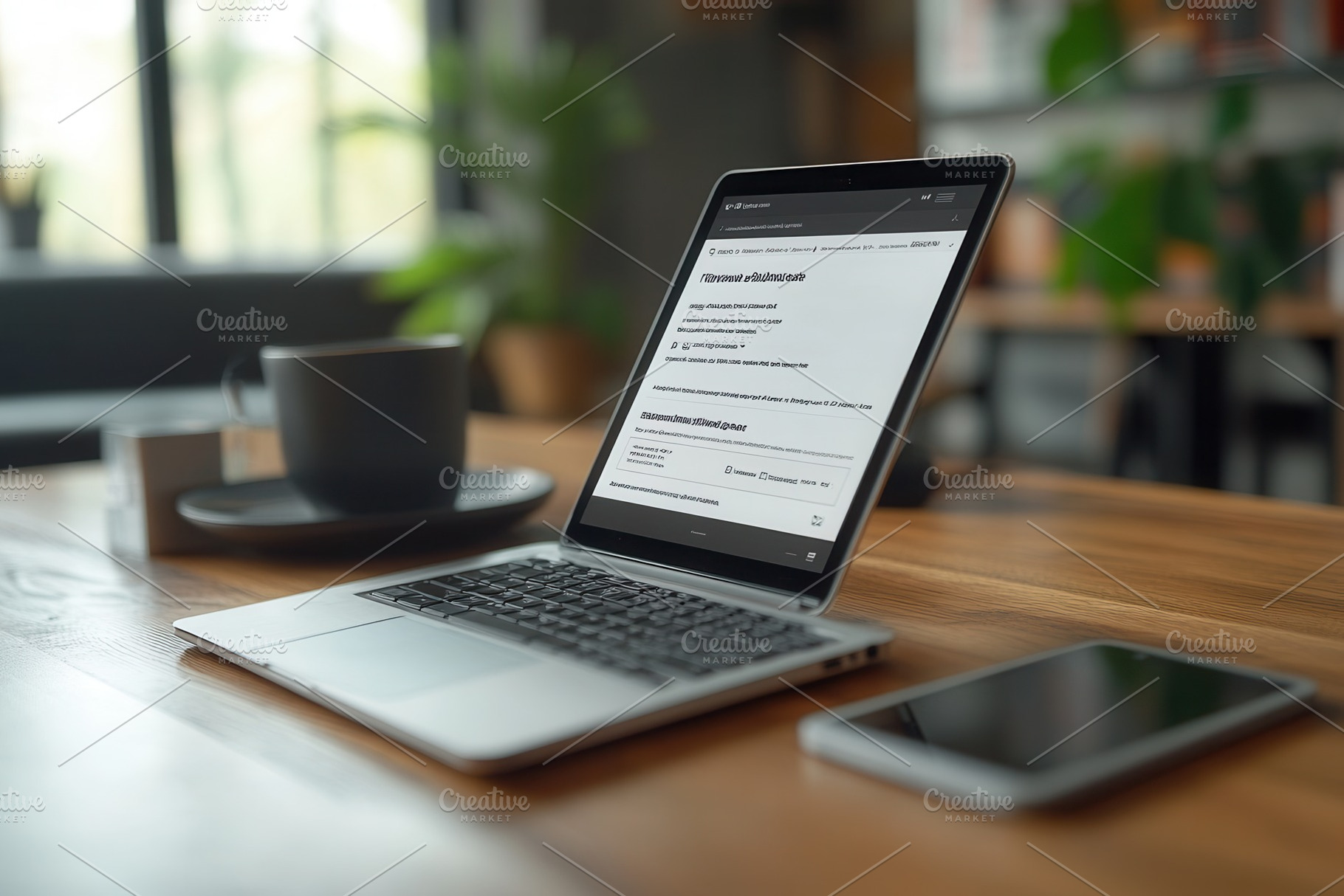 Workspace setup with laptop, coffee, a Photo by Tanuart