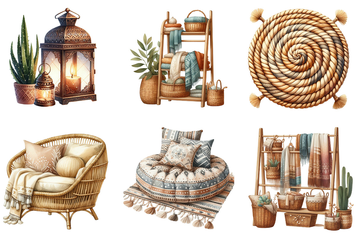 Watercolor Boho Interior Clipart, an Illustration by DreamArtGraphic (Photo 3 of 5)