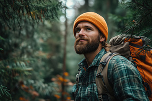 A forester man with a beard and orange beanie stands in a lush green forest, lo, a Person Photo by Textures & Backgrounds